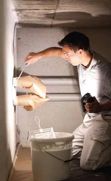 Un artigiano illumina una stanza stretta e buia con la Lampada da lavoro Festool in una mano e l'utensile nell'altra.